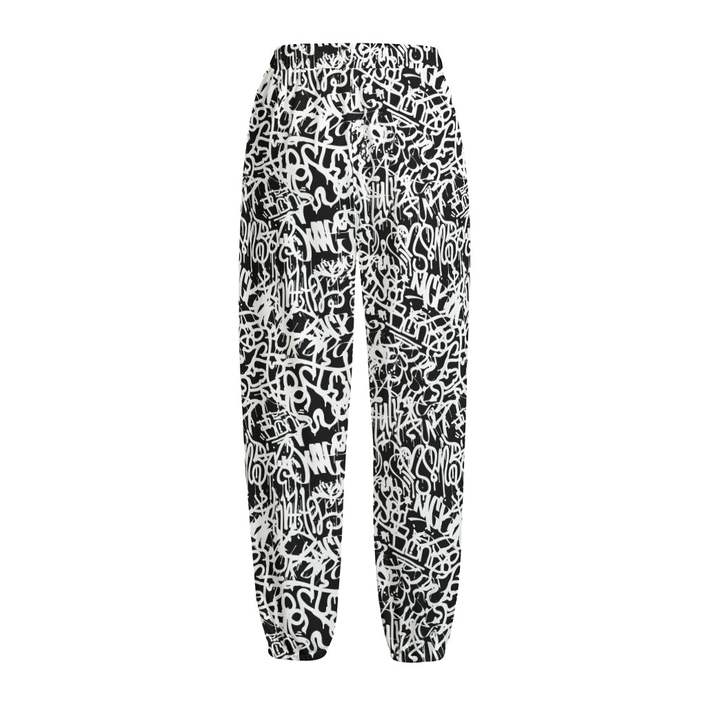 Black And White Graffiti Pattern Print Fleece Lined Knit Pants