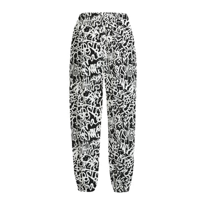 Black And White Graffiti Pattern Print Fleece Lined Knit Pants