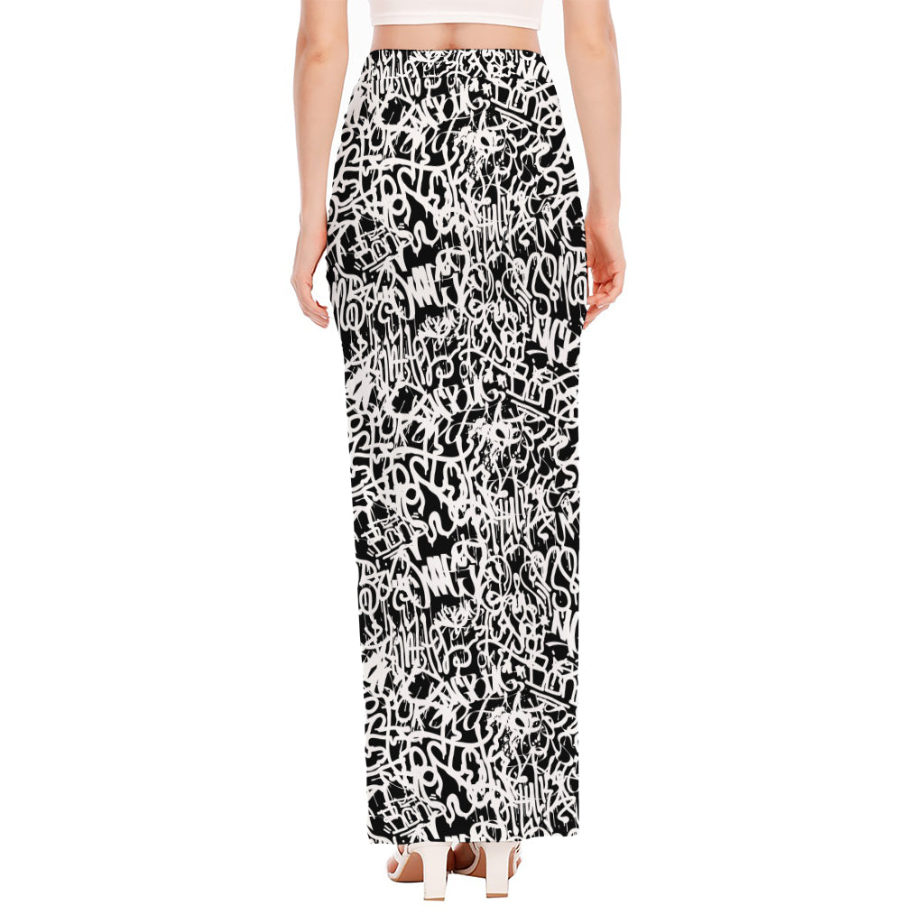 Black And White Graffiti Pattern Print High Slit Maxi Skirt