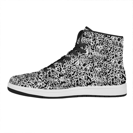 Black And White Graffiti Pattern Print High Top Leather Sneakers