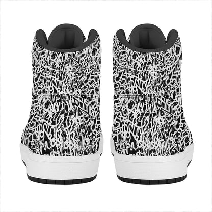 Black And White Graffiti Pattern Print High Top Leather Sneakers