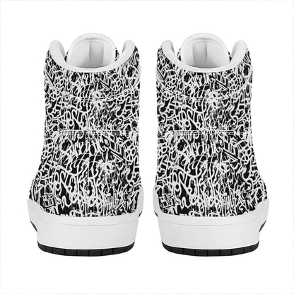 Black And White Graffiti Pattern Print High Top Leather Sneakers