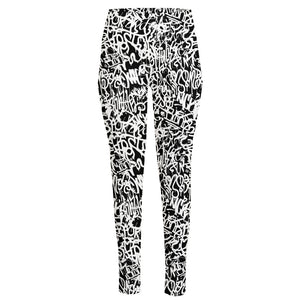 Black And White Graffiti Pattern Print High-Waisted Pocket Leggings