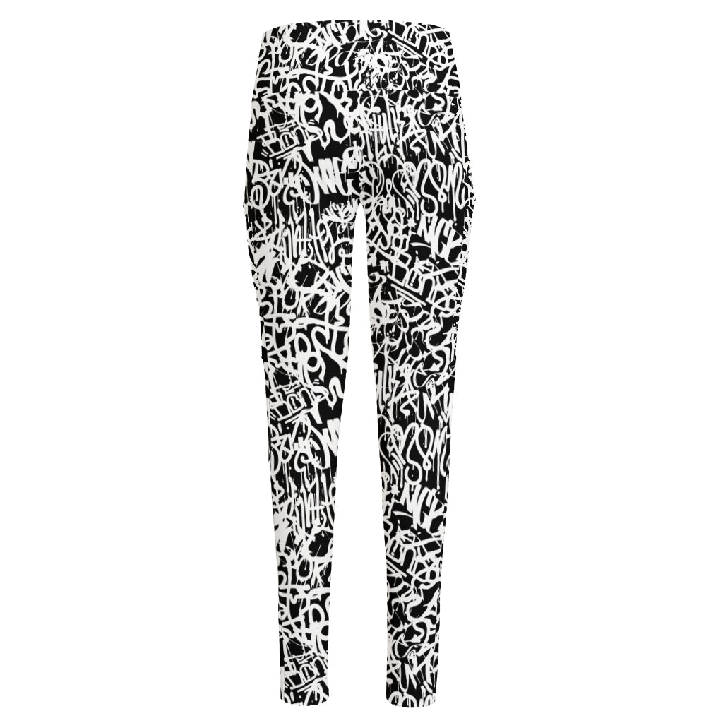 Black And White Graffiti Pattern Print High-Waisted Pocket Leggings