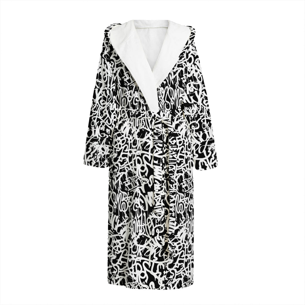 Black And White Graffiti Pattern Print Hooded Bathrobe