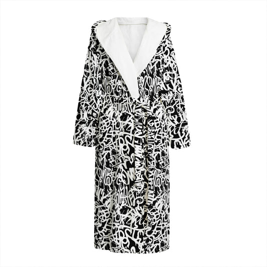 Black And White Graffiti Pattern Print Hooded Bathrobe