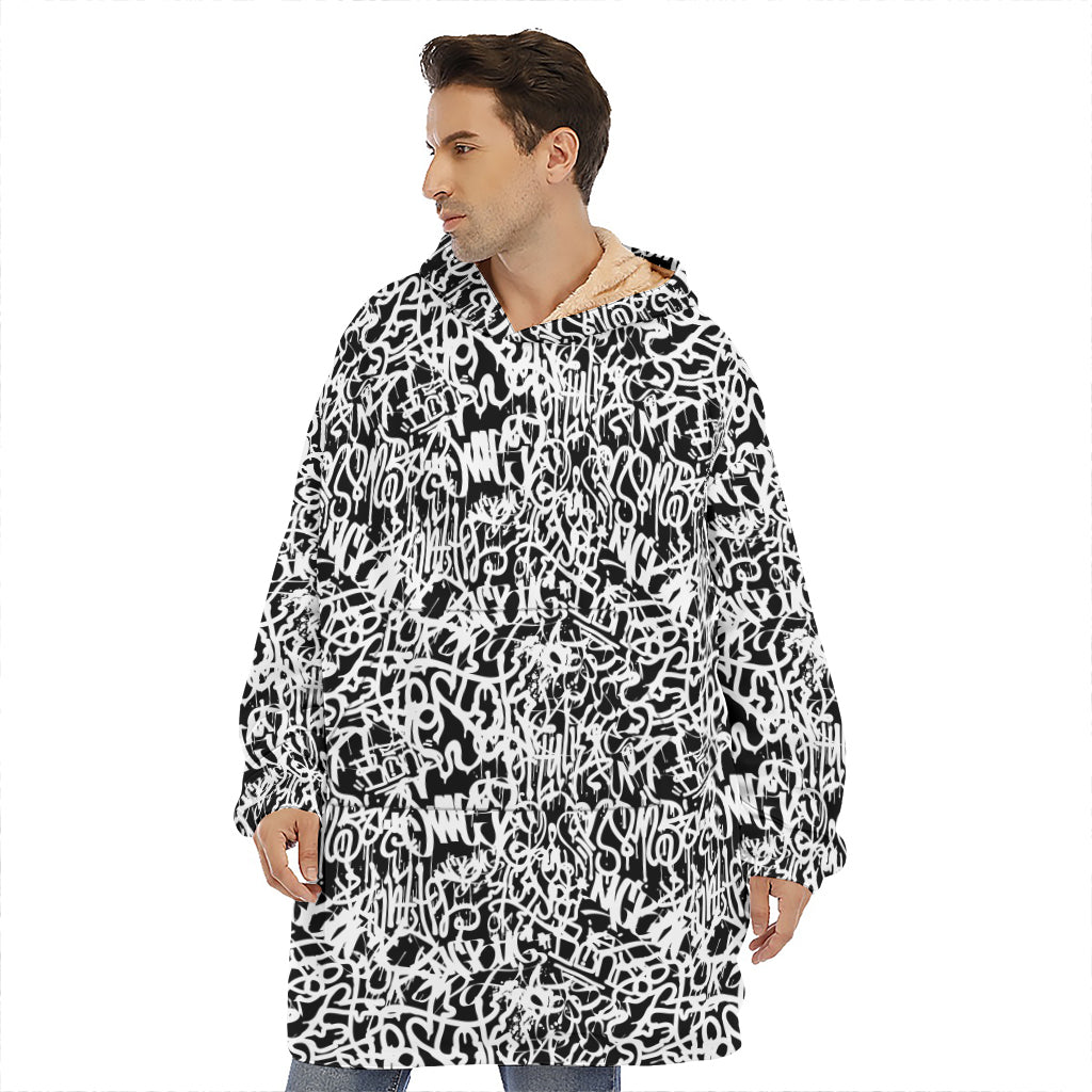 Black And White Graffiti Pattern Print Hoodie Blanket