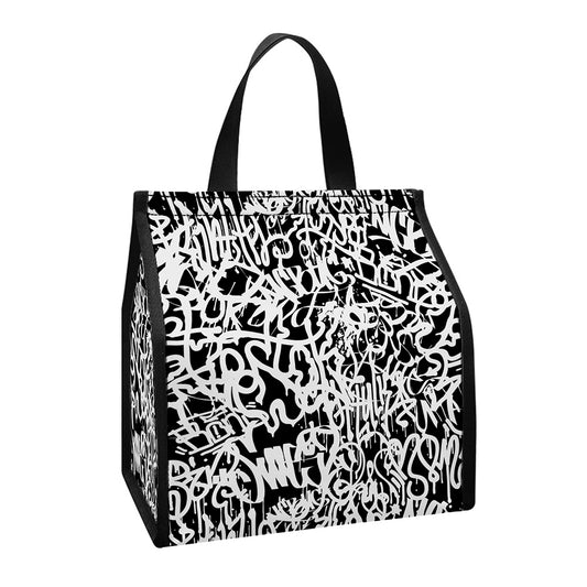 Black And White Graffiti Pattern Print Insulated Lunch Tote