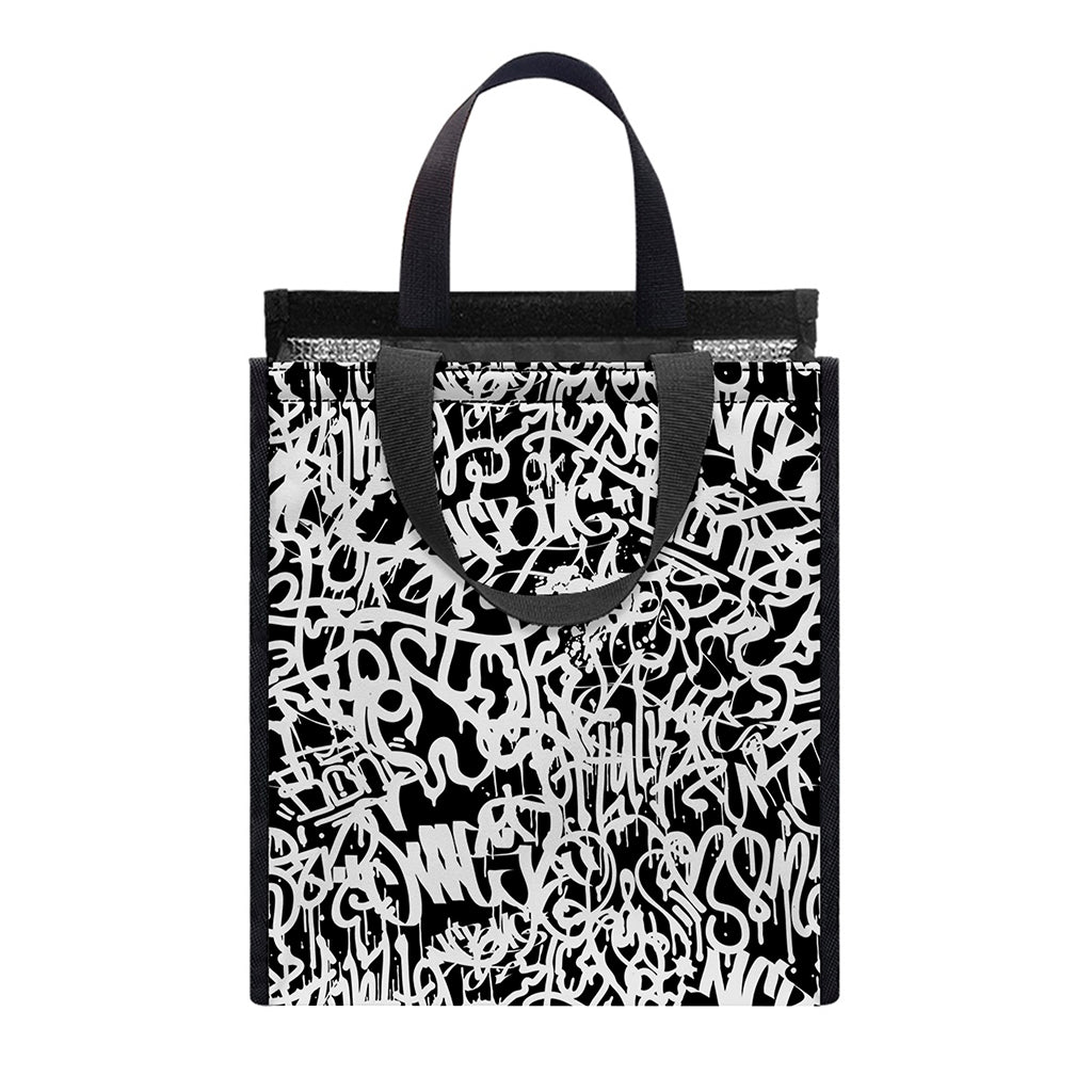Black And White Graffiti Pattern Print Insulated Lunch Tote