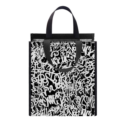 Black And White Graffiti Pattern Print Insulated Lunch Tote