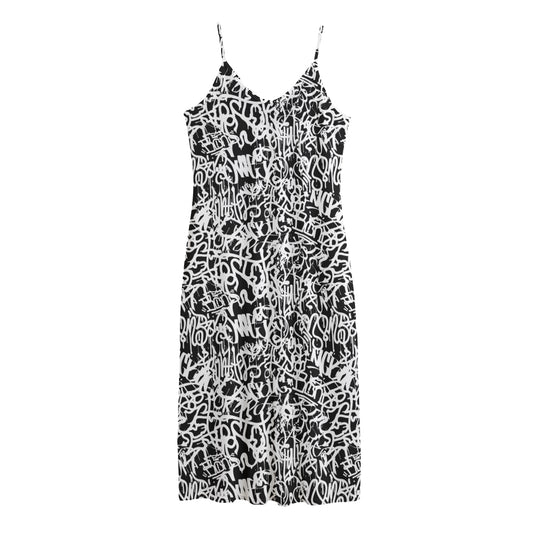 Black And White Graffiti Pattern Print Jersey Midi Cami Dress