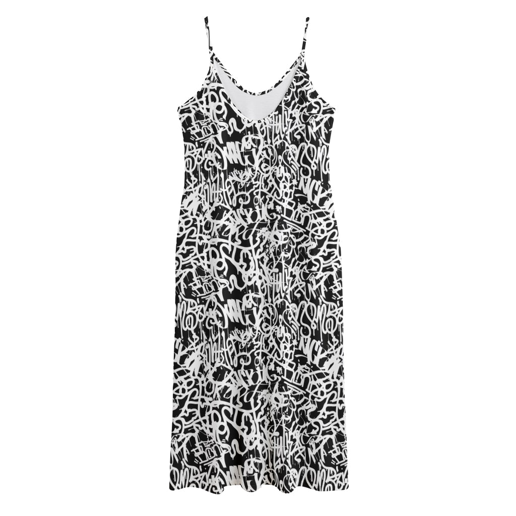 Black And White Graffiti Pattern Print Jersey Midi Cami Dress