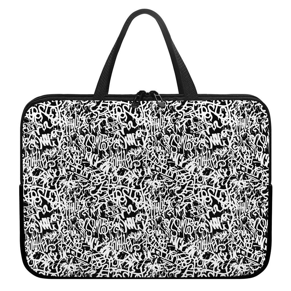 Black And White Graffiti Pattern Print Laptop Sleeve With Handle