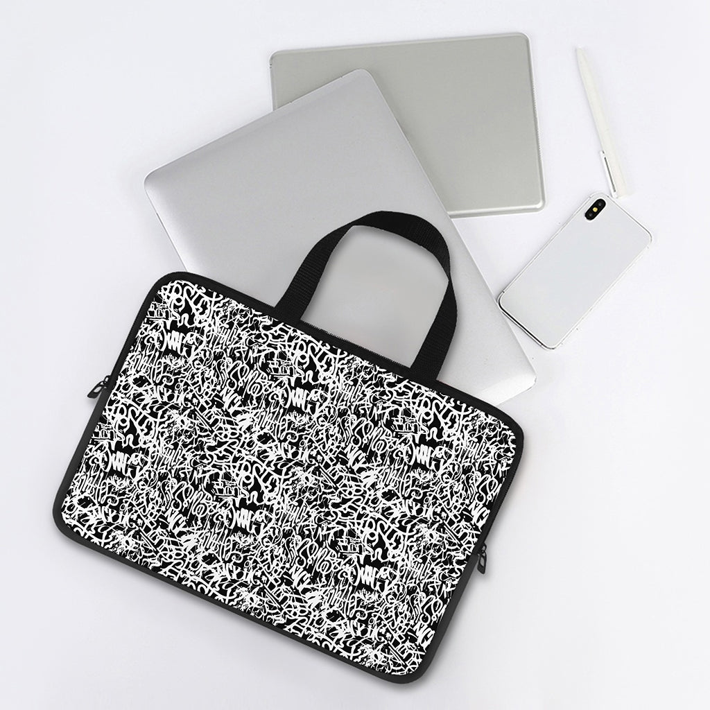 Black And White Graffiti Pattern Print Laptop Sleeve With Handle