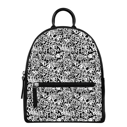 Black And White Graffiti Pattern Print Leather Backpack
