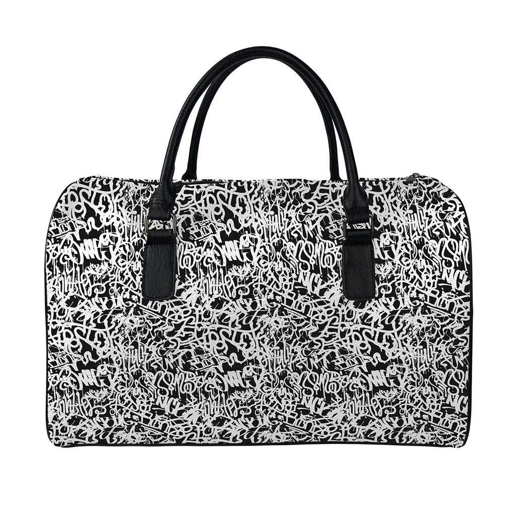 Black And White Graffiti Pattern Print Leather Duffle Bag