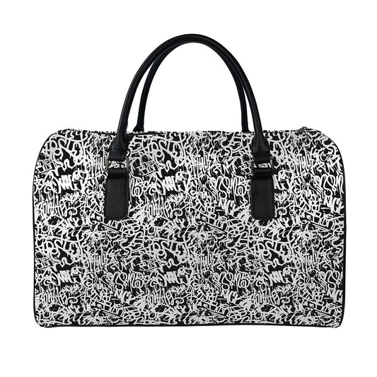Black And White Graffiti Pattern Print Leather Duffle Bag