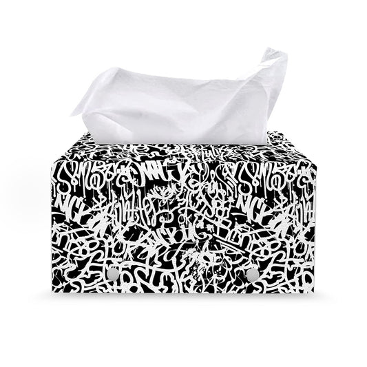 Black And White Graffiti Pattern Print Leather Tissue Box Cover