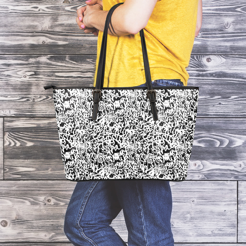 Black And White Graffiti Pattern Print Leather Tote Bag