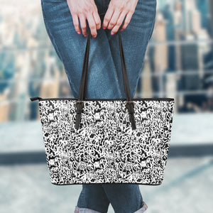 Black And White Graffiti Pattern Print Leather Tote Bag