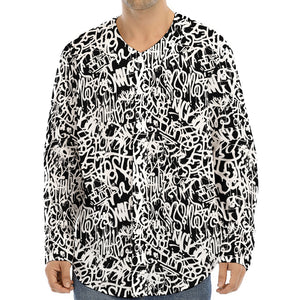 Black And White Graffiti Pattern Print Long Sleeve Baseball Jersey