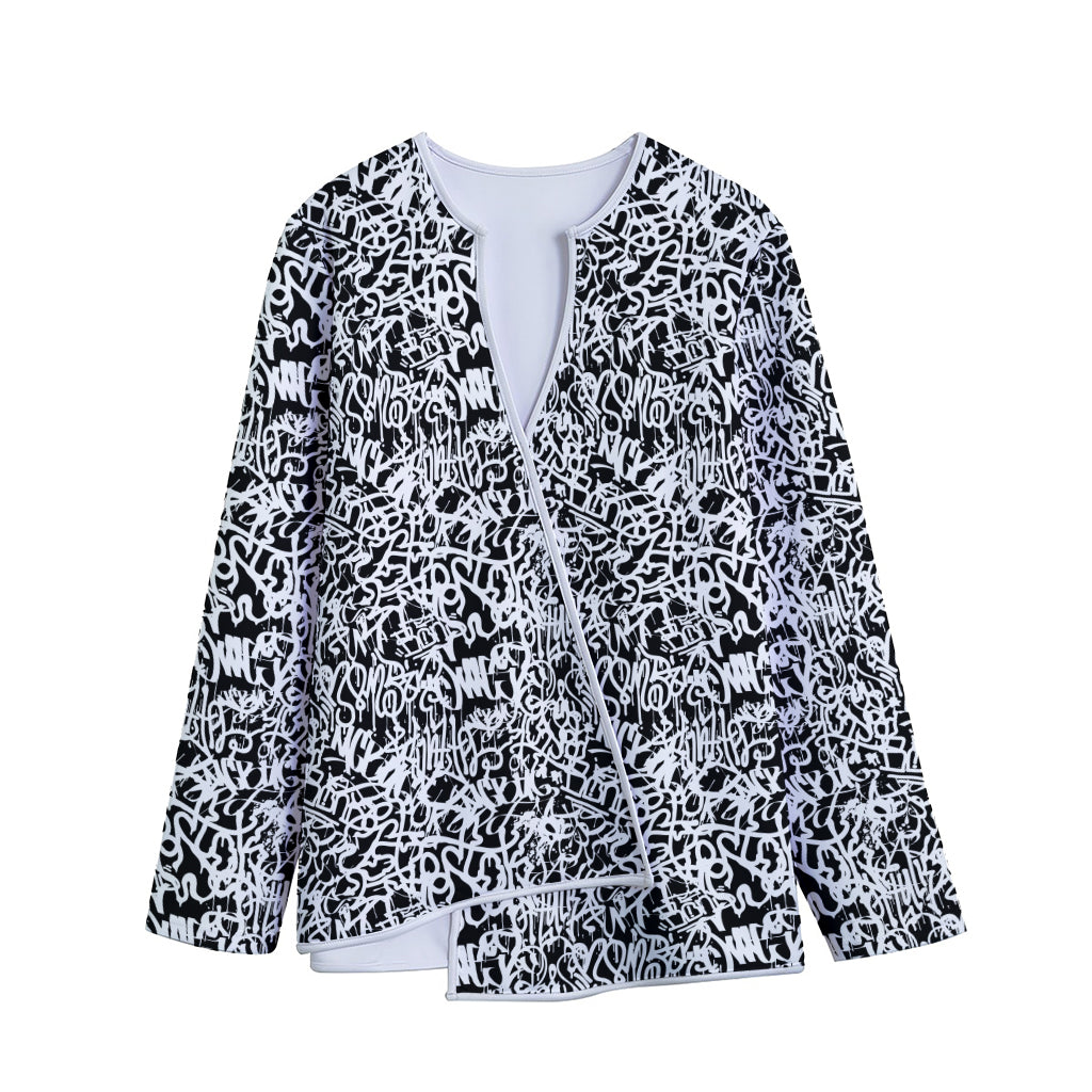 Black And White Graffiti Pattern Print Long Sleeve Short Coat