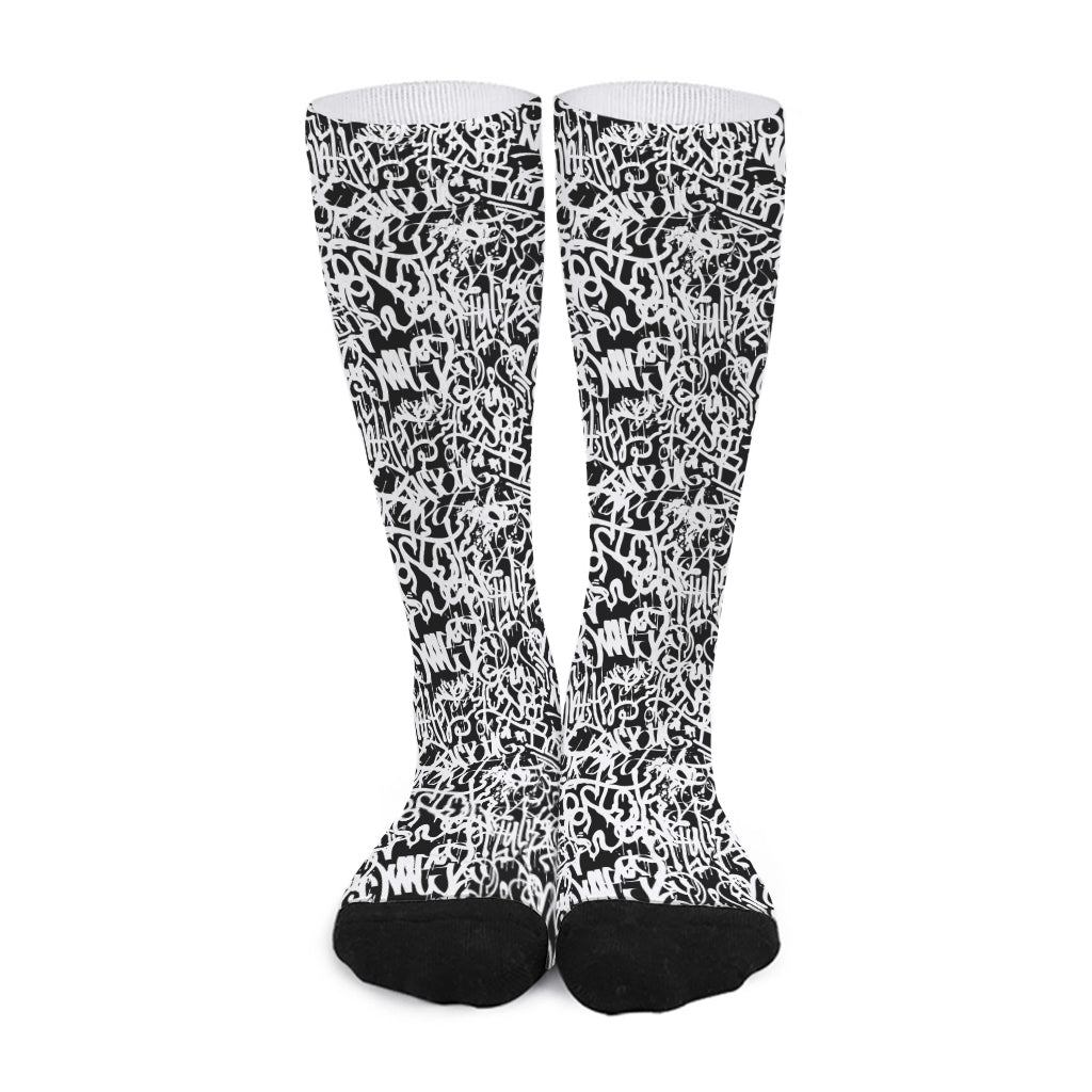 Black And White Graffiti Pattern Print Long Socks
