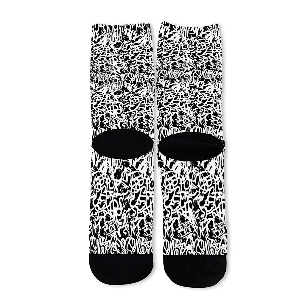 Black And White Graffiti Pattern Print Long Socks