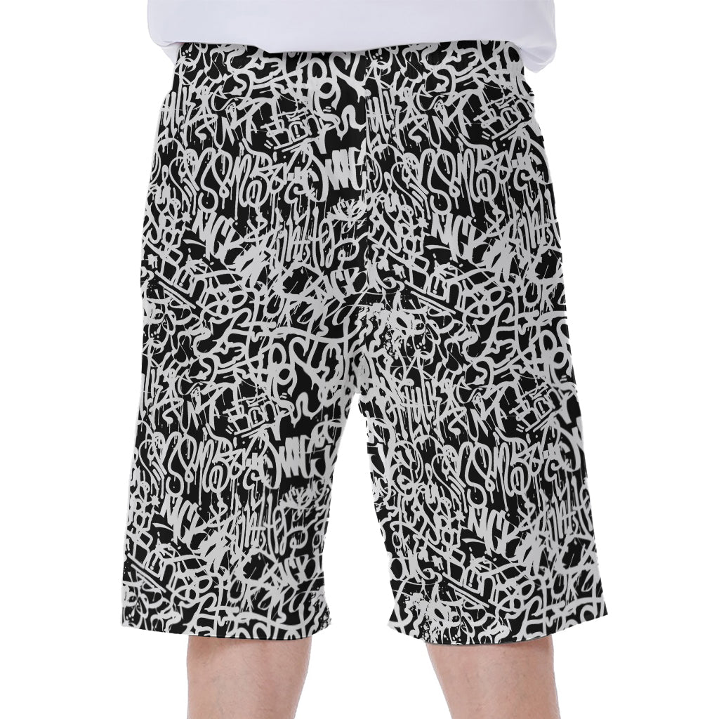 Black And White Graffiti Pattern Print Men's Beach Shorts