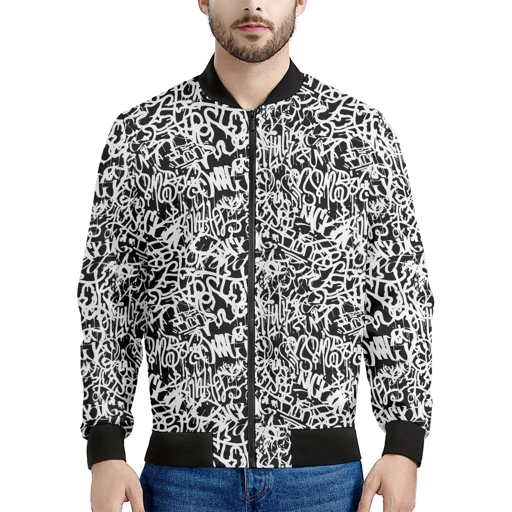 Black And White Graffiti Pattern Print Men's Bomber Jacket