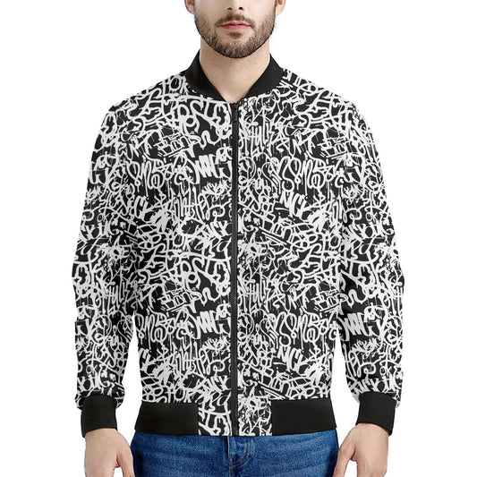 Black And White Graffiti Pattern Print Men's Bomber Jacket