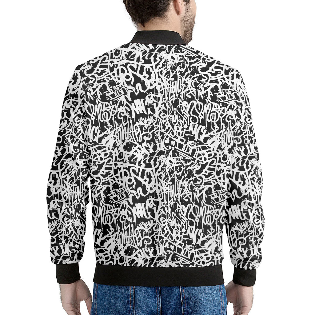 Black And White Graffiti Pattern Print Men's Bomber Jacket