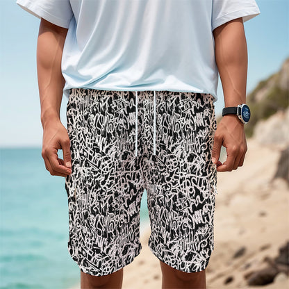 Black And White Graffiti Pattern Print Men's Cargo Shorts