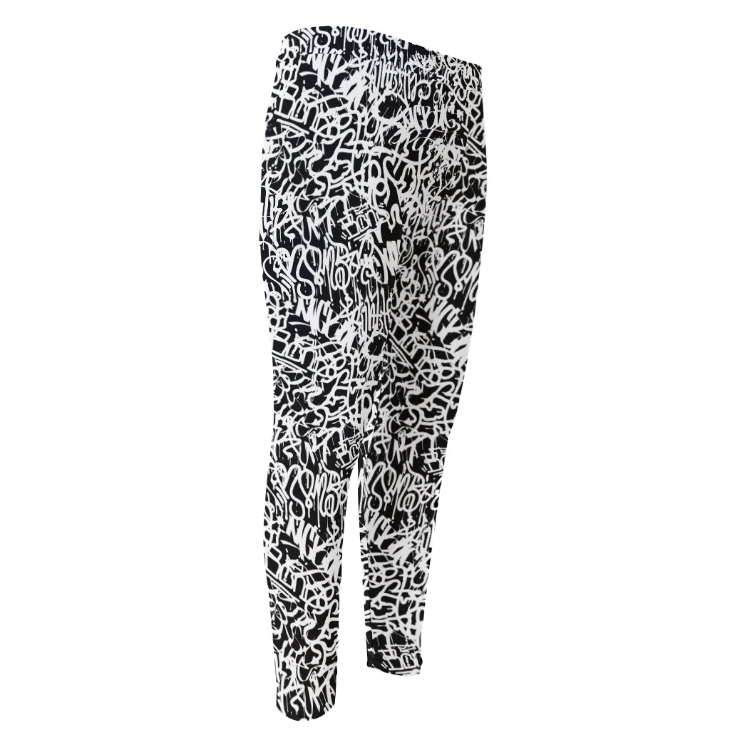 Black And White Graffiti Pattern Print Men's Compression Pants