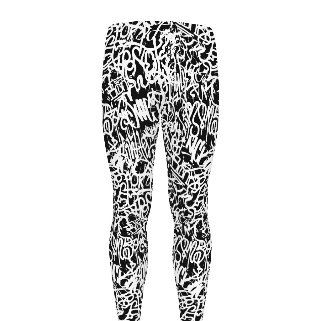 Black And White Graffiti Pattern Print Men's leggings