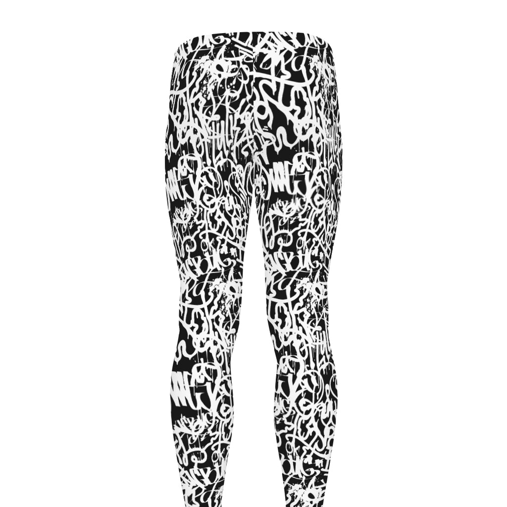 Black And White Graffiti Pattern Print Men's leggings
