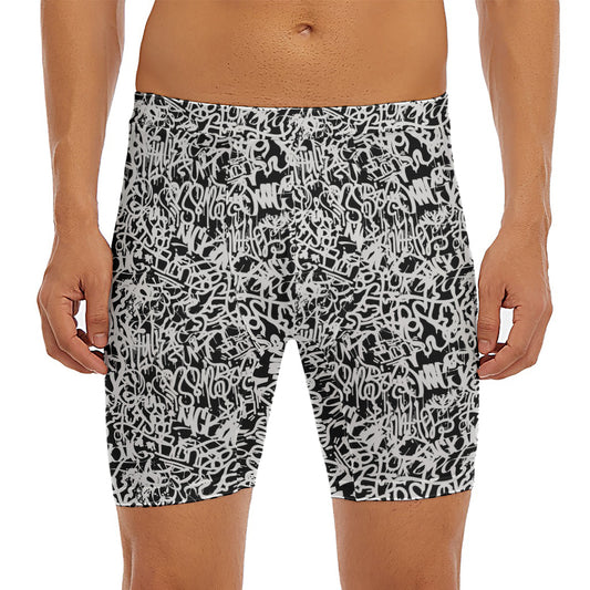 Black And White Graffiti Pattern Print Men's Long Boxer Briefs
