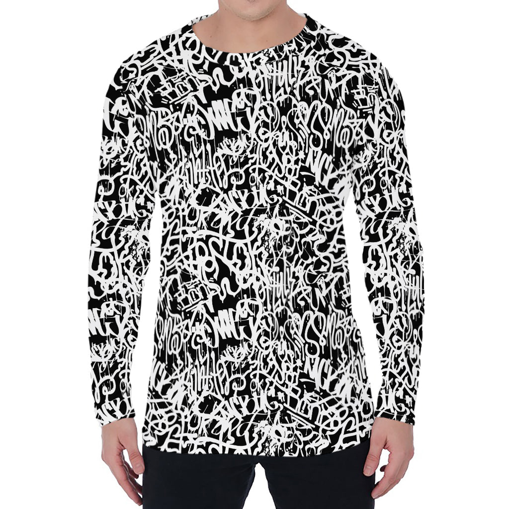 Black And White Graffiti Pattern Print Men's Long Sleeve T-Shirt