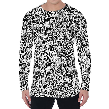Black And White Graffiti Pattern Print Men's Long Sleeve T-Shirt
