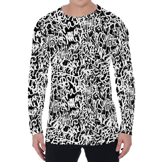 Black And White Graffiti Pattern Print Men's Long Sleeve T-Shirt