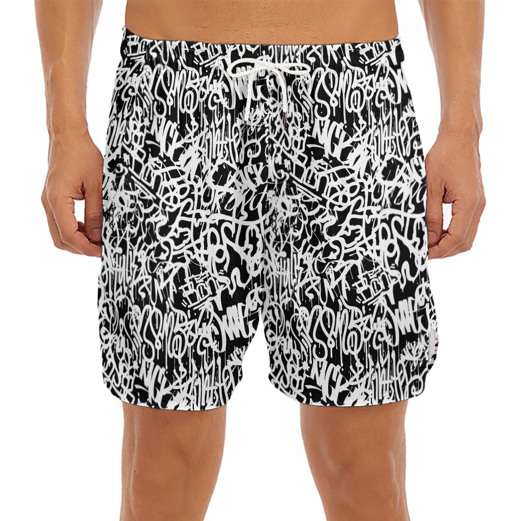 Black And White Graffiti Pattern Print Men's Split Running Shorts