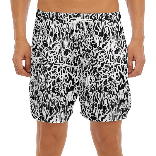 Black And White Graffiti Pattern Print Men's Split Running Shorts