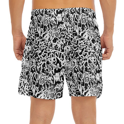 Black And White Graffiti Pattern Print Men's Split Running Shorts