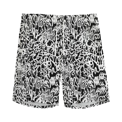 Black And White Graffiti Pattern Print Men's Sports Shorts