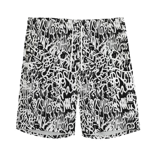 Black And White Graffiti Pattern Print Men's Sports Shorts
