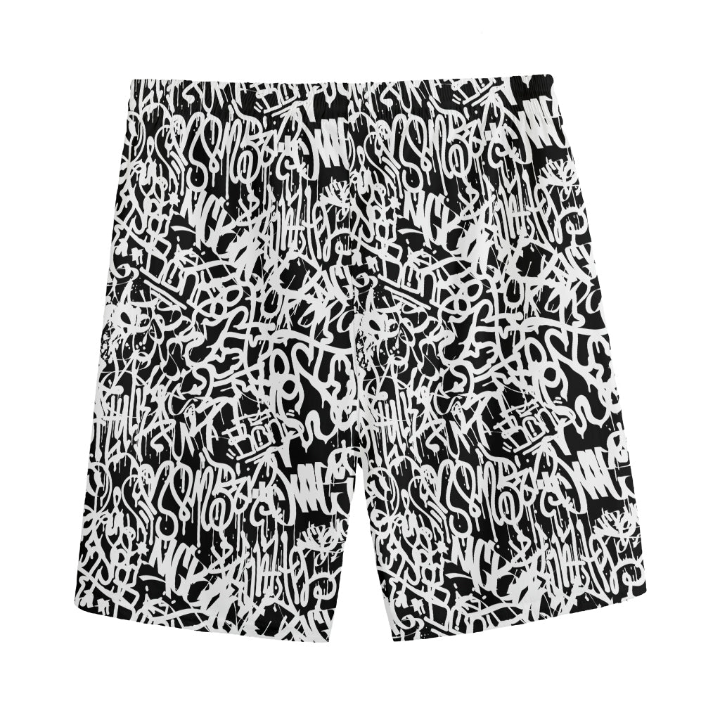 Black And White Graffiti Pattern Print Men's Sports Shorts