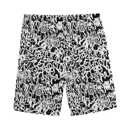 Black And White Graffiti Pattern Print Men's Sports Shorts