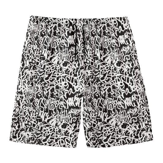 Black And White Graffiti Pattern Print Men's Swim Trunks