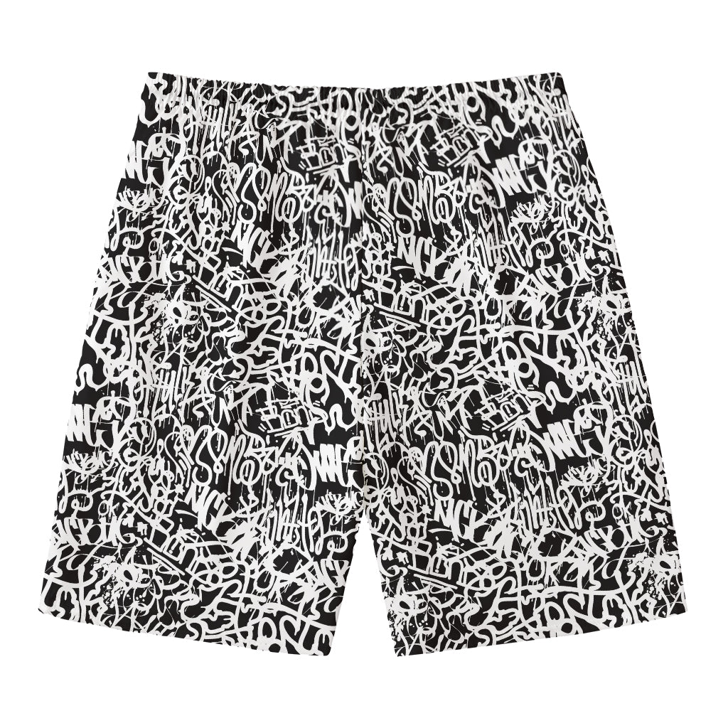 Black And White Graffiti Pattern Print Men's Swim Trunks