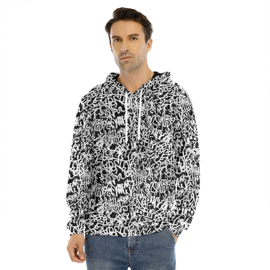 Black And White Graffiti Pattern Print Men's Velvet Pullover Hoodie